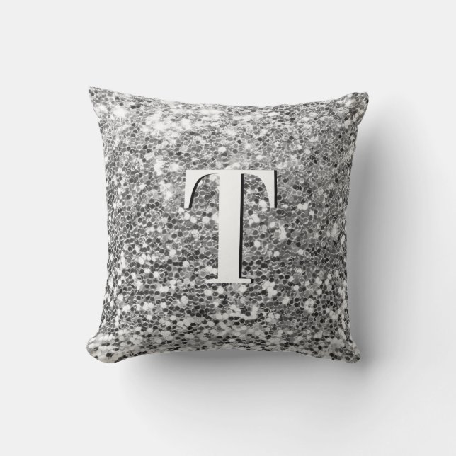 Silver Chunky Glitter Monogrammed Throw Pillow (Front)