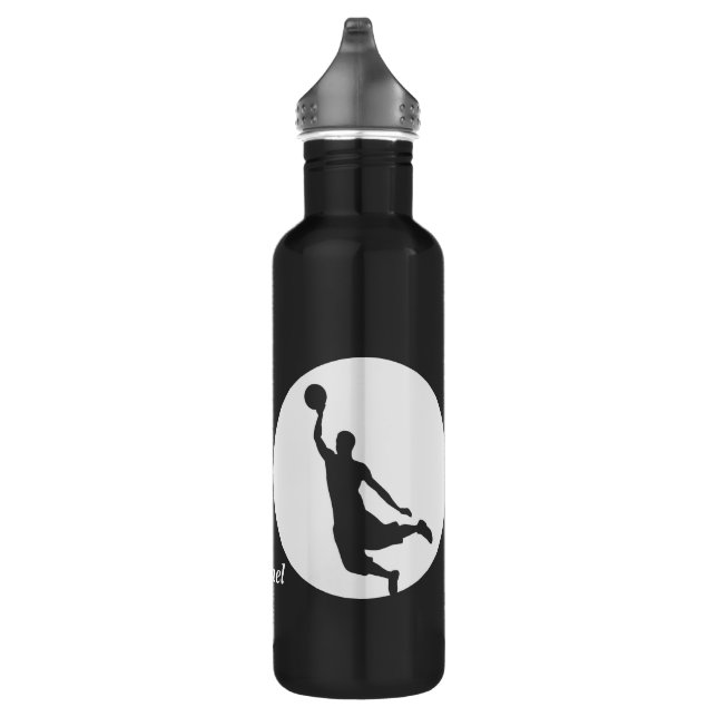 Silver Circle Silhouette Basketball Personalized Water Bottle (Right)