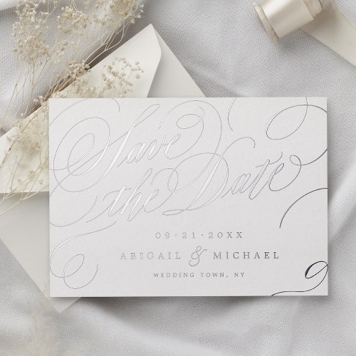 Silver classic calligraphy vintage save the date foil invitation