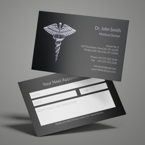 Silver Classy Caduceus on Black Medical  Appointment Card