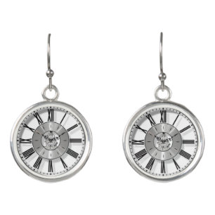 silver clock face dangling earrings