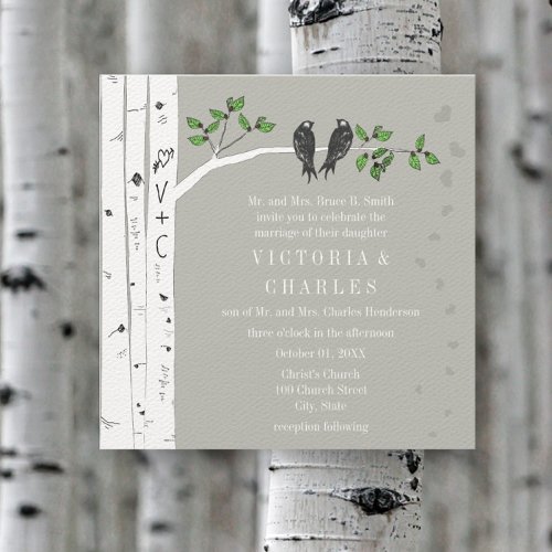 Silver Cloud Birch Vintage Birds Wedding Invite