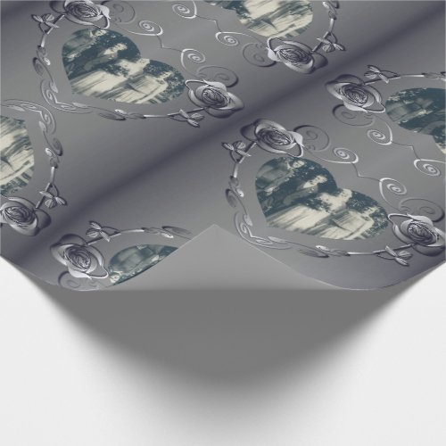 Silver Color Rose Heart Frame Your Photo  Wrapping Wrapping Paper