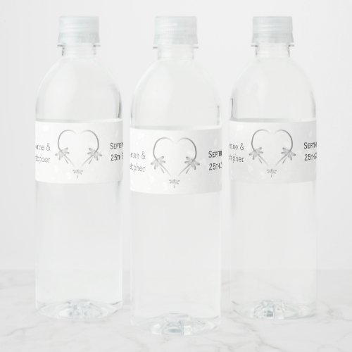 Silver Coloured Dragonfly Heart Design Wedding Water Bottle Label