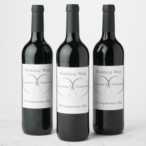 Silver Coloured Heart Design Wedding Wine Label
