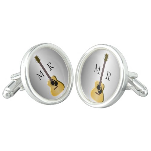 Silver Coloured Monogrammed Acoustic Guitar Cufflinks