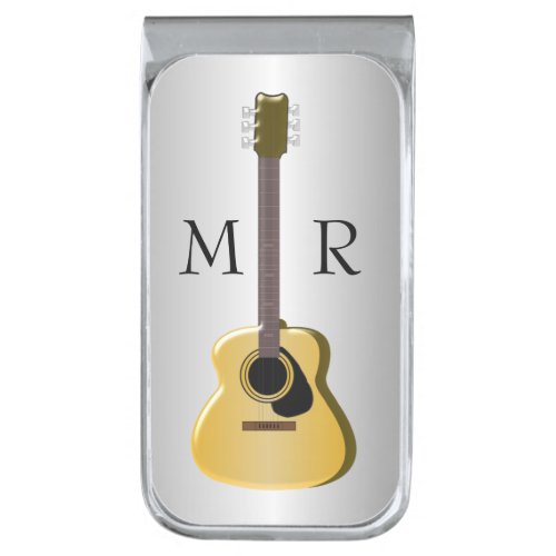 Silver Coloured Monogrammed Acoustic Guitar Silver Finish Money Clip