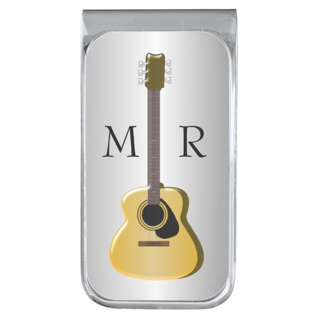 Silver Coloured Monogrammed Acoustic Guitar Silver Finish Money Clip (Front Vertical)