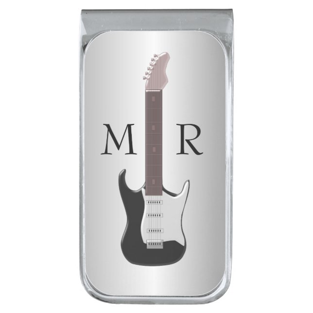 Silver Coloured Monogrammed Electric Guitar Silver Finish Money Clip (Front Vertical)
