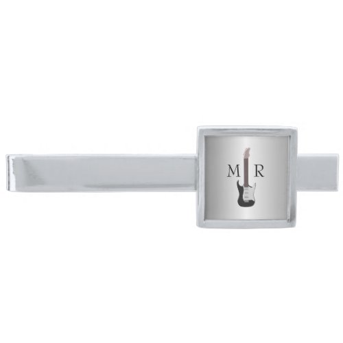 Silver Coloured Monogrammed Electric Guitar Silver Finish Tie Bar