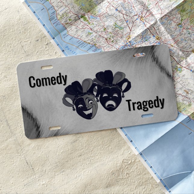 Silver Comedy and Tragedy Theater Design Car Flag License Plate (In Situ)