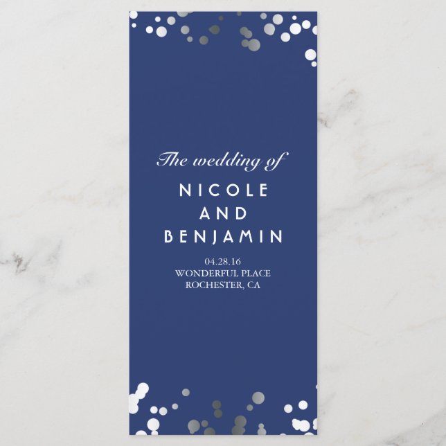 Silver Comfetti Elegant Navy Blue Wedding Programs (Front)