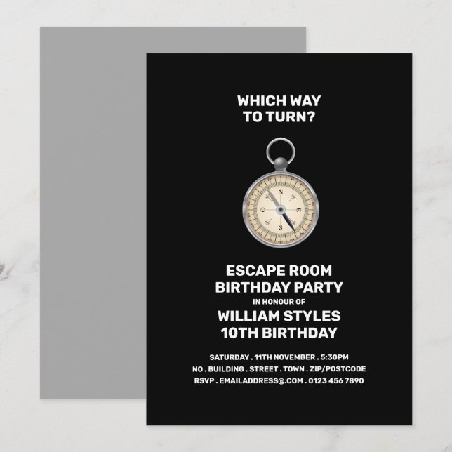 Silver Compass, Escape Room, Birthday Party Invitation (Front/Back)