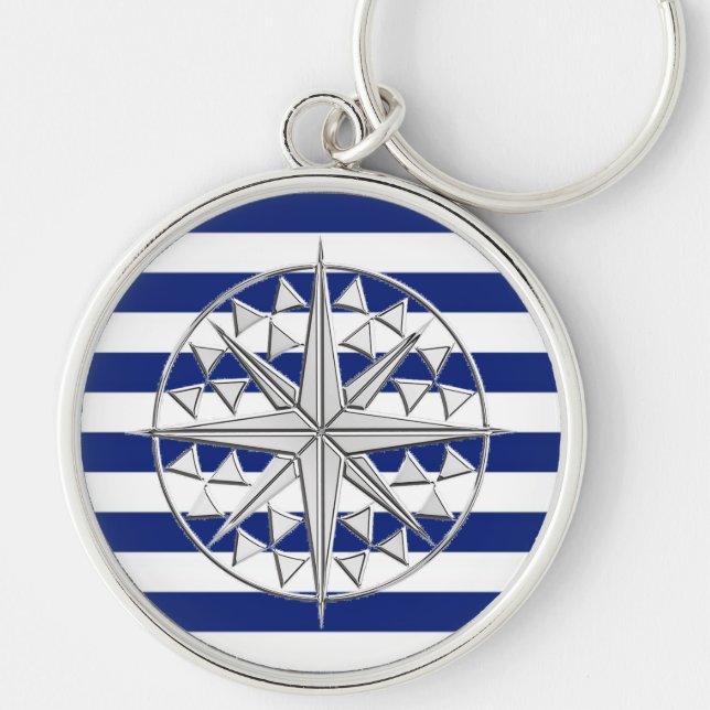 Silver Compass on Nautical Stripes Keychain (Front)