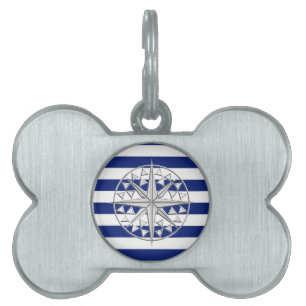Silver Compass on Nautical Stripes Pet Name Tag