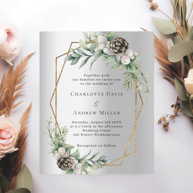 Silver cone greenery geometric wedding invitation (Creator Uploaded)