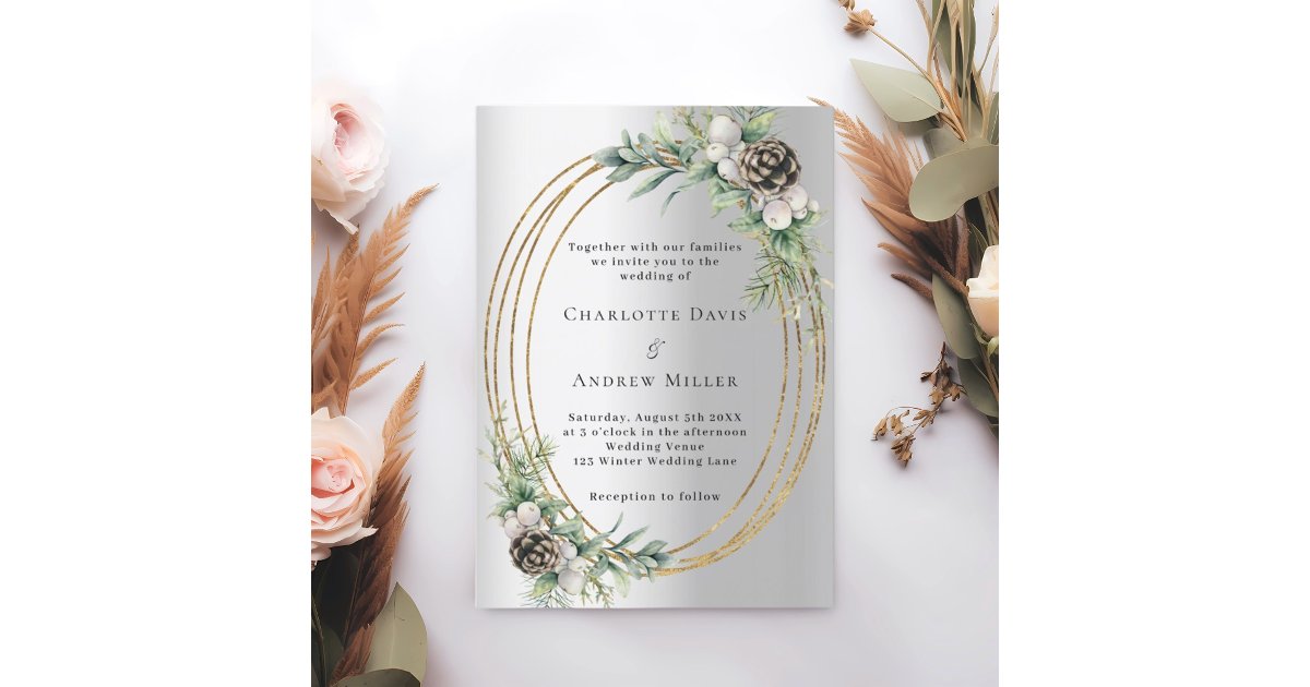 Silver cone pine greenery gold frame wedding invitation | Zazzle