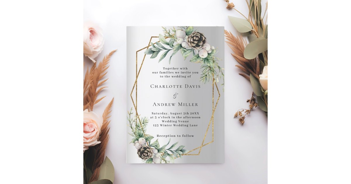 Silver cone pine greenery gold geometric wedding invitation | Zazzle