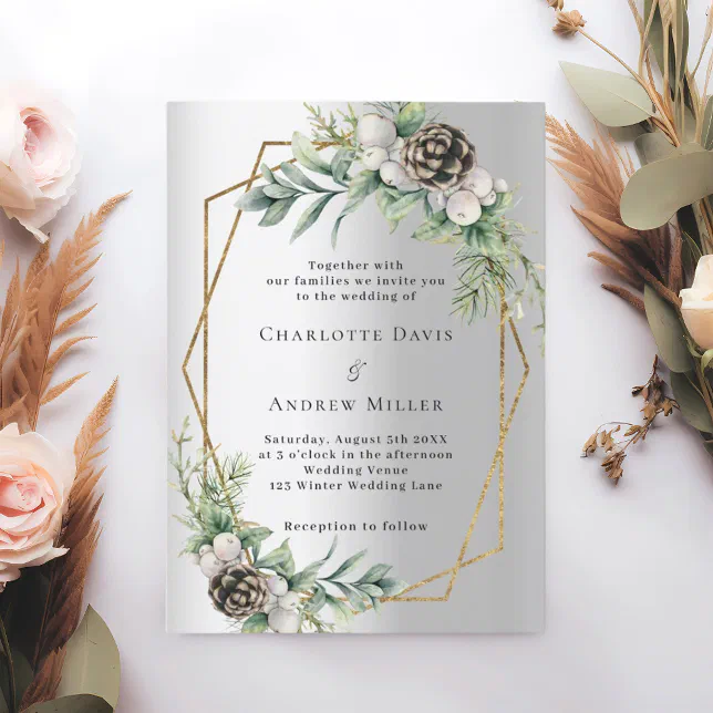 Silver cone pine greenery gold geometric wedding invitation | Zazzle