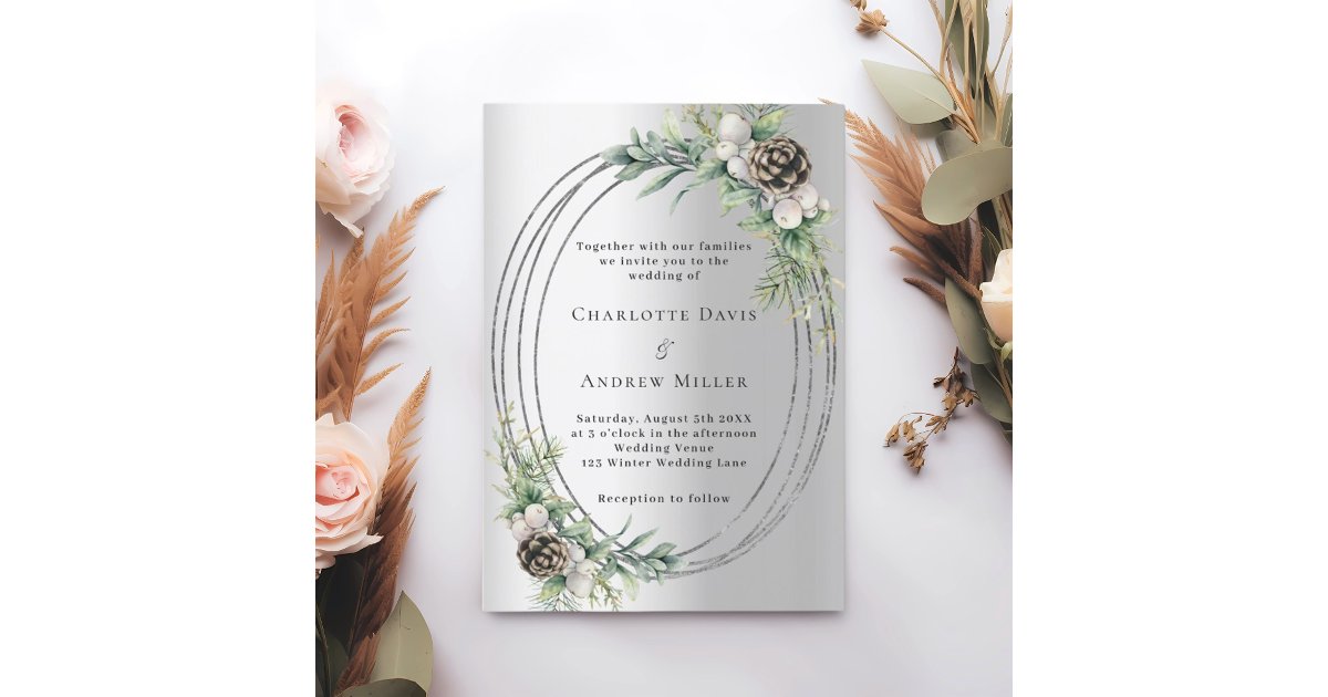 Silver cone pine greenery winter wedding invitation | Zazzle