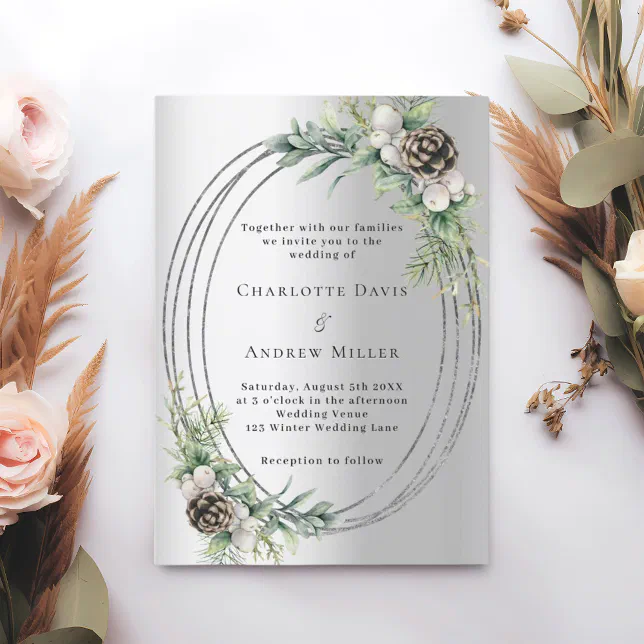 Silver cone pine greenery winter wedding invitation | Zazzle