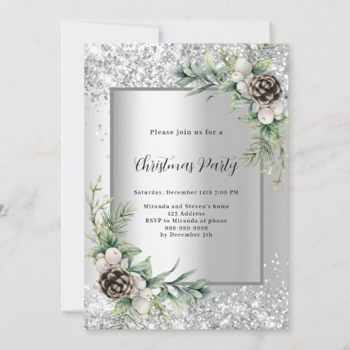 Silver cones green leaves Christmas Party Invitation