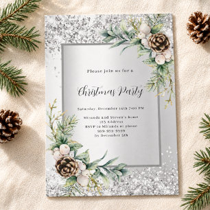 Silver cones green leaves Christmas Party Invitation