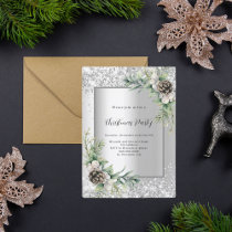 Silver cones green leaves Christmas Party Invitation