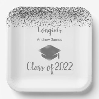 silver confetti 2022 graduation -  Congrats   Paper Plates