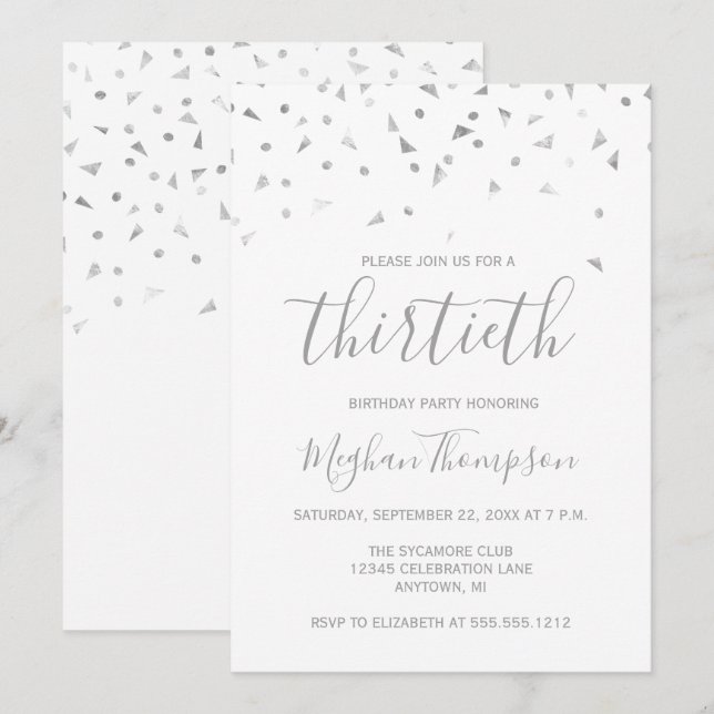 Silver Confetti 30th Birthday Party Invitation (Front/Back)
