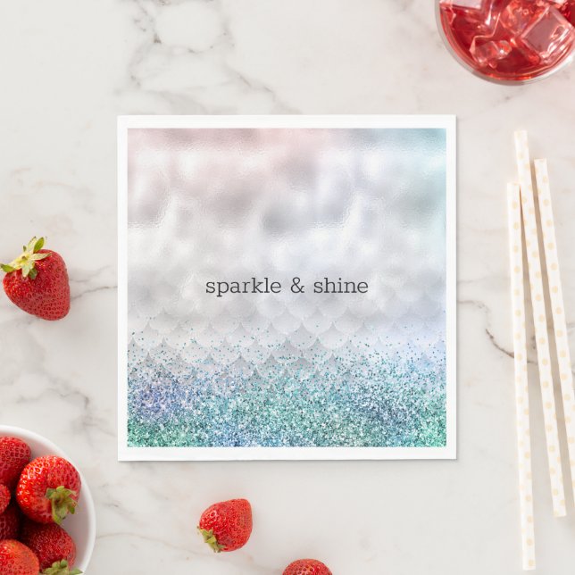 Silver Confetti Aqua Pink Glitter Sparkle Mermaid Napkins (Insitu)