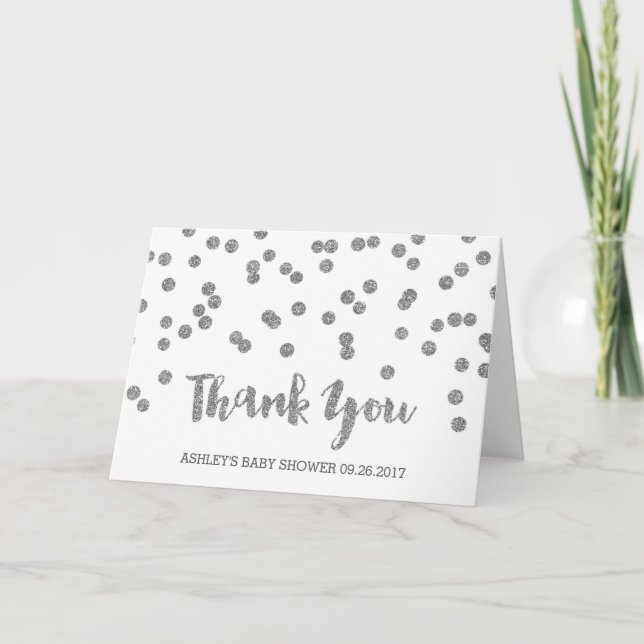 Silver Confetti Baby Shower Thank You Card (Front)