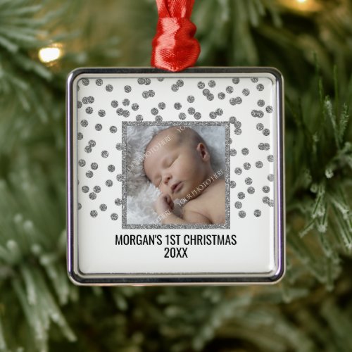 Silver Confetti Babys First Christmas Photo Metal Ornament