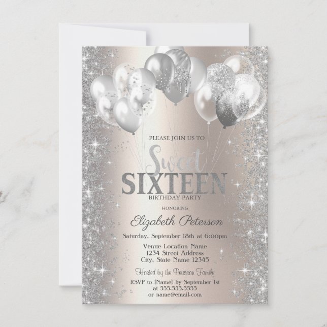 Silver Confetti Balloons Champagne Sweet 16 Invitation (Front)