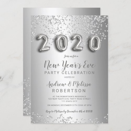 Silver confetti balloons glitter 2020 New Year eve Invitation