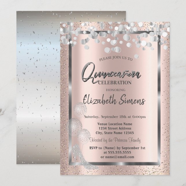 Silver Confetti Balloons Rose Gold Quinceañera  Invitation (Front/Back)