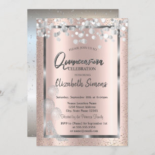 Silver Confetti Balloons Rose Gold Quinceañera Invitation