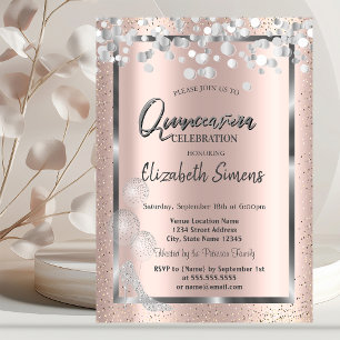 Silver Confetti Balloons Rose Gold Quinceañera Invitation