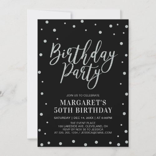 Silver Confetti  Black  Adult Birthday Party Invitation
