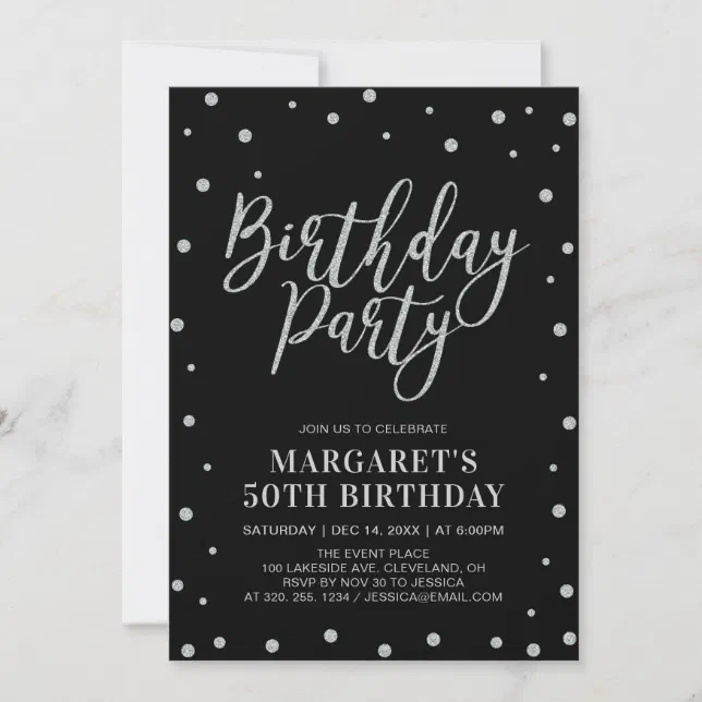 Silver Confetti & Black | Adult Birthday Party Invitation | Zazzle