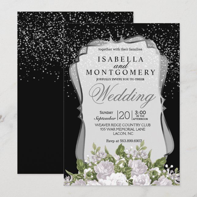 Silver Confetti, Black and White Floral Wedding Invitation (Front/Back)