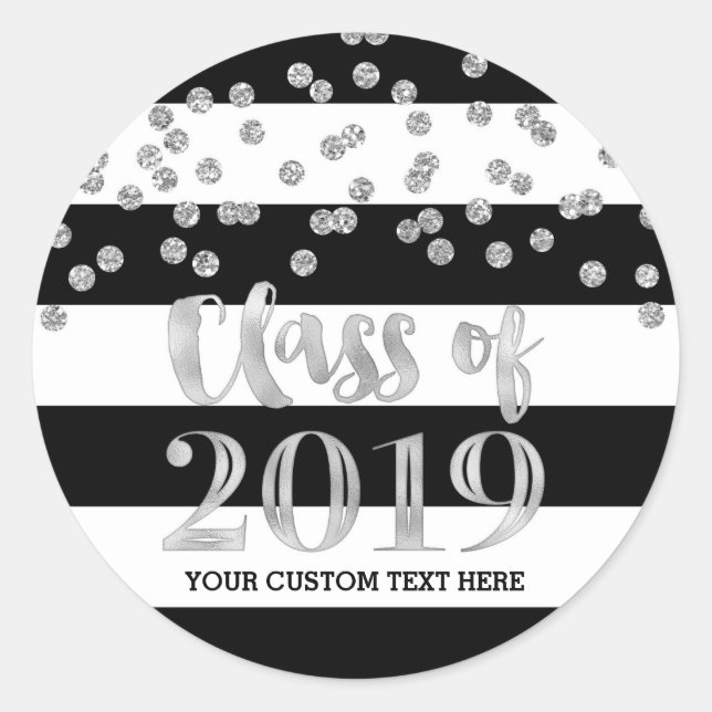 Silver Confetti Black Stripes 2019 Graduation Classic Round Sticker (Front)