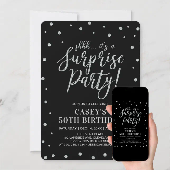 Silver Confetti & Black | Surprise Birthday Party Invitation | Zazzle