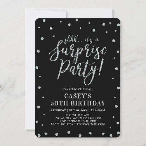 Silver Confetti  Black  Surprise Birthday Party Invitation