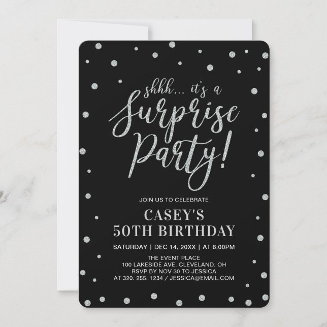Silver Confetti & Black | Surprise Birthday Party Invitation (Front)