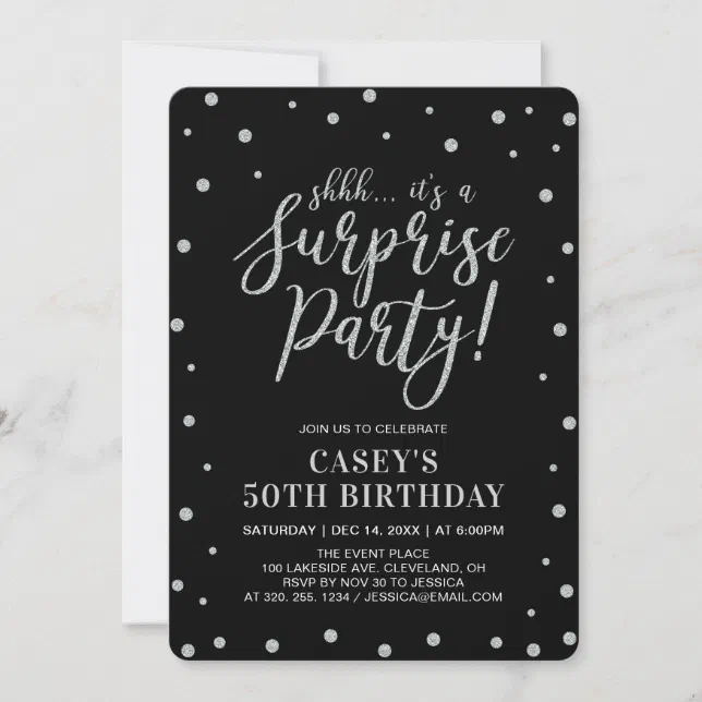 Silver Confetti & Black | Surprise Birthday Party Invitation | Zazzle