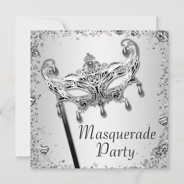 Silver Confetti Black White Masquerade Party Invitation (Front)