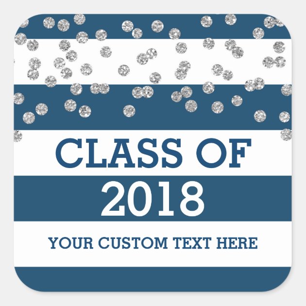 Silver Confetti Blue Stripes 2018 Graduation Square Sticker