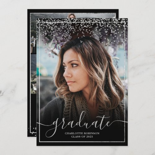 Silver confetti border script photo graduation invitation