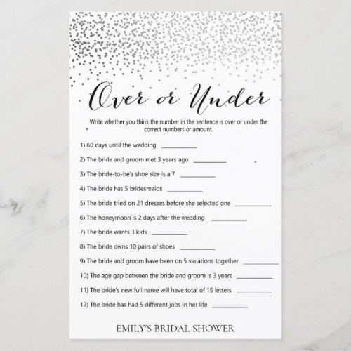 Silver Confetti Bridal Shower Game PRINTED